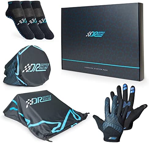 DAPPER RACING | SIMRACER Starter Pack | Guantes Compatibles con Pantalla + Tres Pares de Calcetines SIMRACING + Fundas para Volante y Pedales | Caja Negro Mate | Set para Regalo