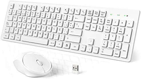 Teclado y Raton Inalámbrico con Receptor USB, 2,4GHz Pack de Teclado Mouse, Teclado de Tamaño Completo, Ratón Silencioso con 1600DPI, para Windows, PC, Chromebook, Laptop, Computadora (Blanco)