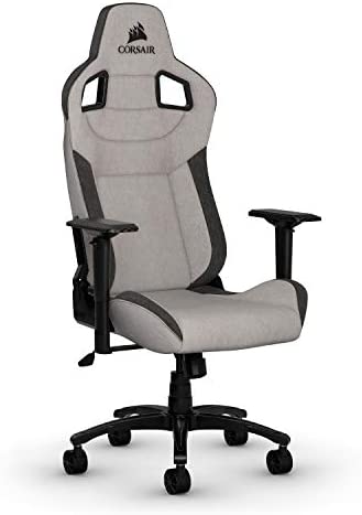 Corsair T3 Rush - Silla Tejido Poliéster de Videojuegos (Exterior de Tela Suave Transpirable, Almohada Cervical Ajustable, Soporte Lumbar, Reposabrazos 4D, Montaj Sencillo) Gris y Negro