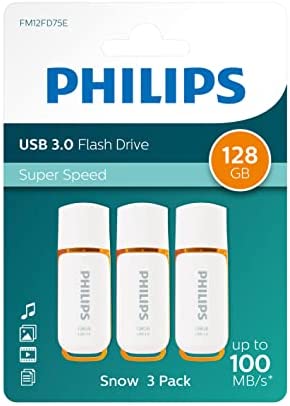 Memoria USB 3.0 Philips de 128 GB, modelo FM12FD75E, paquete con 3 unidades de memoria flash de 128 GB de alta velocidad con capuchón y llavero