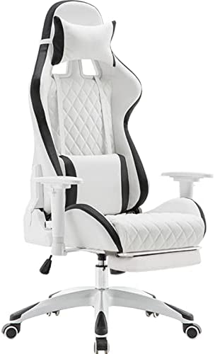 FMXQYH Silla Gaming for Adultos, Silla Escritorio Ergonómica con Reposapiés, Silla Oficinade Material de Cuero de PU Puede Ser for Oficina, Hogar y Juegos (Color : White+Black+Footrest)