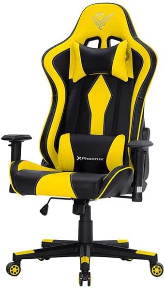 Phoenix Technologies Silla Gaming Escritorio Oficina Ordenador, Asiento Giratorio Ergonómico PU con Cojín Lumbar, Reposabrazos 2D, Pistón Clase 4 hasta 150 Kg (Yellow)