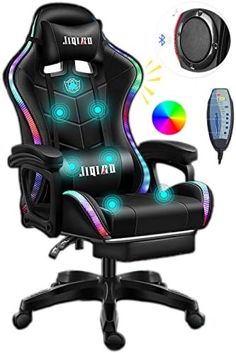 ERSHY Silla Gaming con LED Silla para Computadora De Carreras Silla Ergonómica para Masajes De Oficina con Soporte Lumbar Y Reposapiés Retráctil Ajuste del Respaldo, Altavoz Bluetooth,Negro