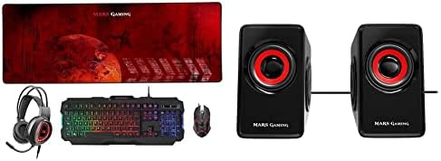 MARSGAMINGMARSGAMING MCPRGB2ES, Combo Gaming Teclado y Ratón +Alfombrilla XXL+ Cascos, ES, Negro + MS1, Altavoces 10W, subwoofer, Jack 3.5mm, Pc/Mac/Smartphone/Tablet, Negro/Rojo