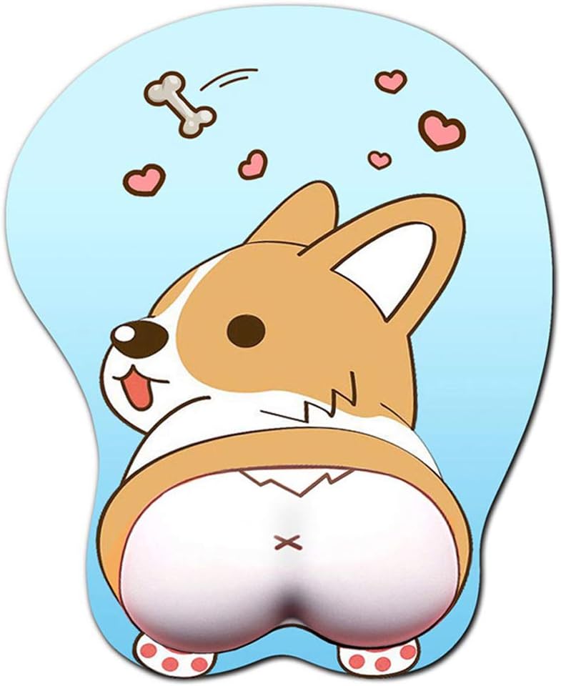 Alfombrilla de ratón 3D con reposamuñecas, ergonómica, suave gel de silicona para gaming, linda alfombra de anime para perros Corgi para PC portátiles (azul)